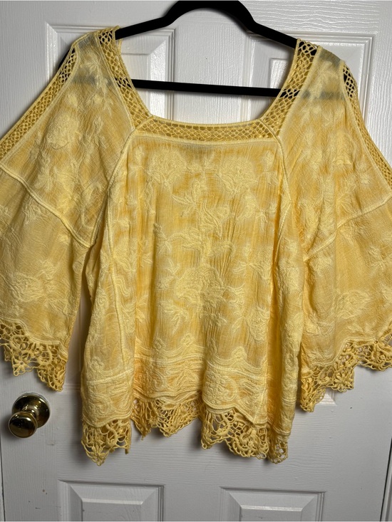 Democracy Tops - Democracy Yellow Crochet Lace Boho Blouse Top 100% Cotton Size S Cottagecore